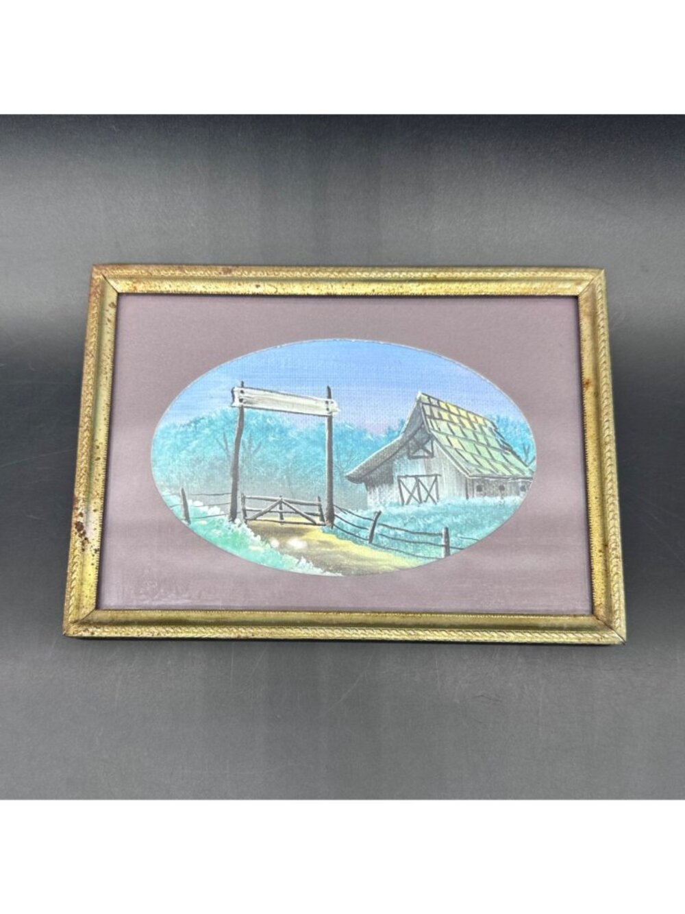 Vintage Framed Farmhouse Landscape Painting Rustic Barn Artwork Gold Tone Frame - Picture 2 of 9